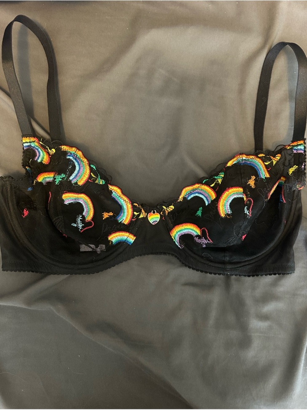 Savage X Fenty Black Lace Bra with Rainbow Embroidery